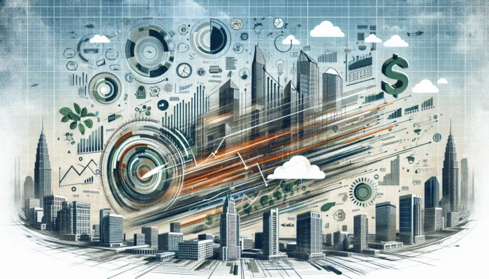 A digital payday loan application interface with high interest rate graphs and quick fund disbursement calendar, urban financial district backdrop.