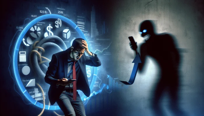 A person using a smartphone app for quick funds, with a shadowy figure symbolizing high interest and debt cycle.