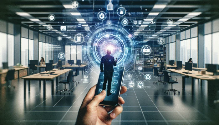 Person checking smartphone for payday loan deposit notification in a modern, tech-filled office.