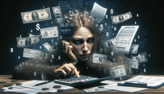 Person calculating payday loan fees, looking worried amidst financial documents in a dimly lit room.