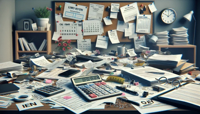 A messy desk with loan papers, calculator, and a calendar showing overdue dates, illustrating payday loan fee pressures.