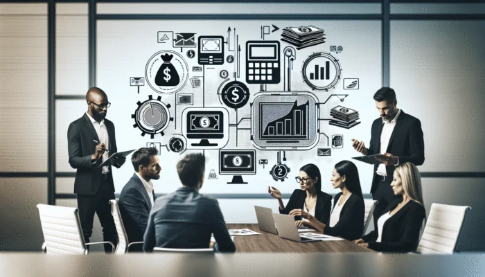 Diverse financial experts strategizing at a modern table with charts and devices to reduce payday loan fees.