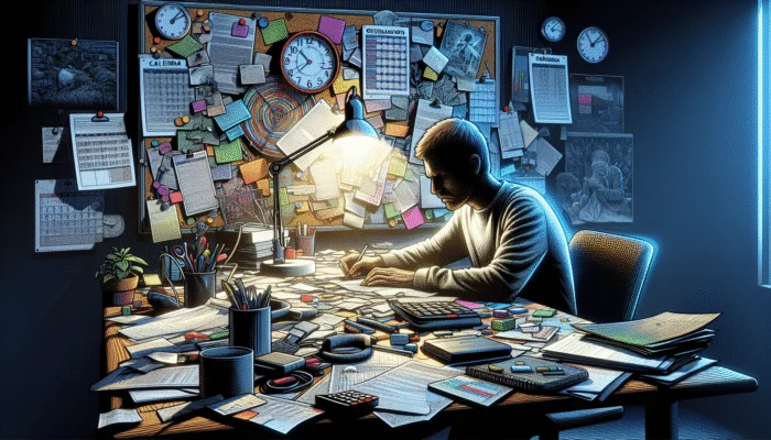 Person anxiously reviewing financial documents at a cluttered desk with overdue bills and a "Payday" calendar.