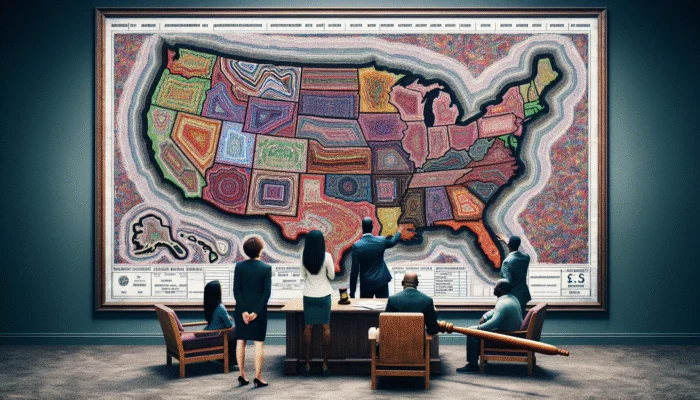 A diverse group studying a U.S. map with varying state colors for payday loan regulations, with legal documents and a gavel.
