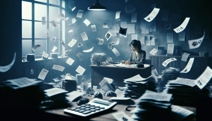 Person overwhelmed by financial documents and payday loan paperwork at a cluttered desk.