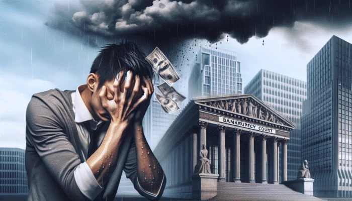 A person overwhelmed by financial documents, considering bankruptcy, with payday loan office and court in background.