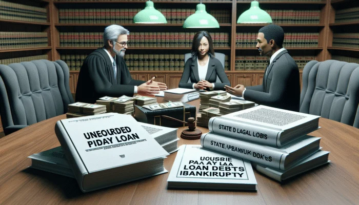 A courtroom scene with a judge, lawyer, and client discussing payday loan debts in bankruptcy.