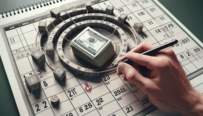 Hand holding cash with a calendar showing next payday circled in red, illustrating payday loan reliance.