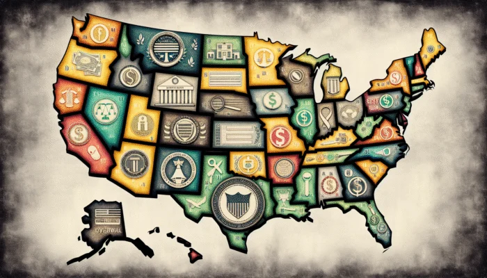 U.S. map showing state-specific payday loan regulations, with symbols of strict and lenient laws and a federal shield for CFPB oversight.