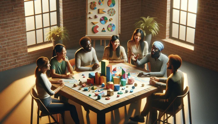 Diverse group discussing financial alternatives at a community center, with charts and documents.