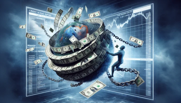 Person trapped in a vortex of cash and chains, symbolizing payday loan debt cycle, damaged credit score in background.