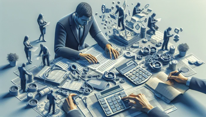 Person creating budget with financial documents, calculator, and calendar; counselor in background.