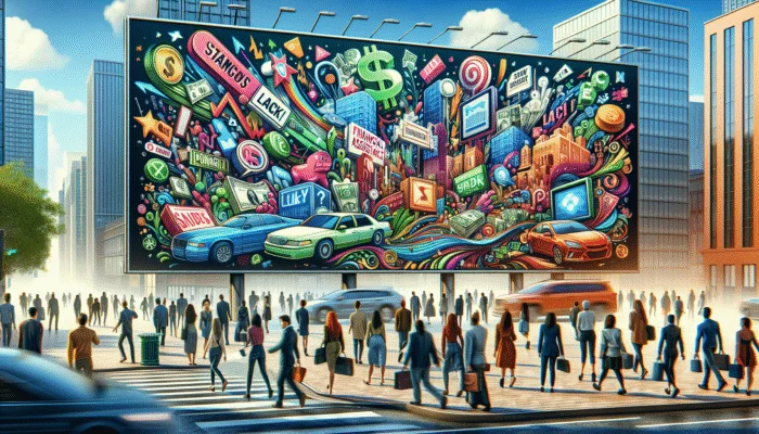 A vibrant billboard advertising payday loans in a busy city street, with people showing varied reactions.