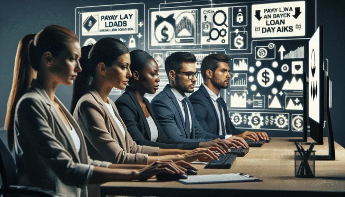 Diverse professionals reviewing legal documents and digital screens with payday loan ads in a modern office, ensuring regulatory compliance.