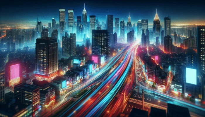 U.S. city skyline at dusk with neon "Payday Loans" signs on busy streets.