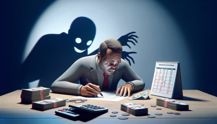 Person signing payday loan contract, calendar showing two weeks, cash, shadow symbolizing high interest and financial burden.