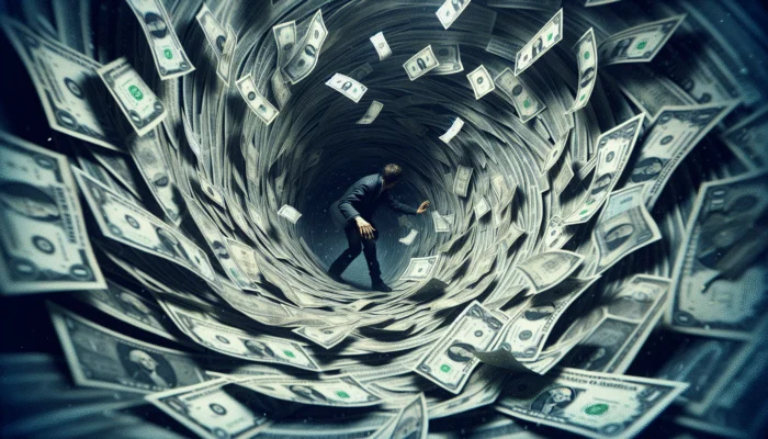 A person trapped in a vortex of cash and loan documents, showing stress and desperation from payday loan debt cycle.