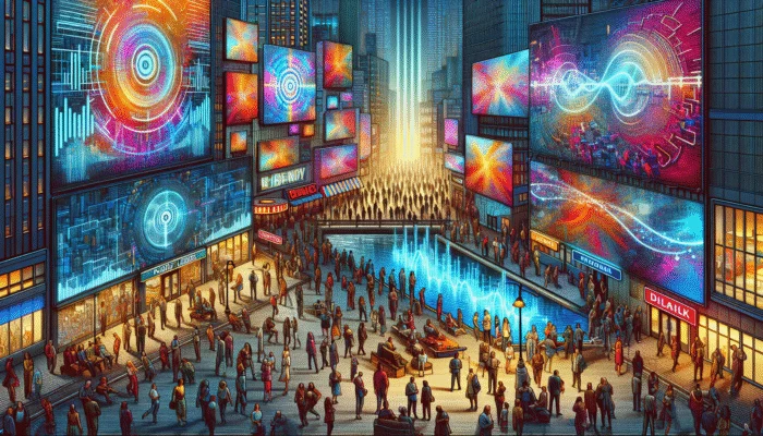 Urban scene with diverse people seeing payday loan ads on TVs, radios, billboards, smartphones, and at community events.