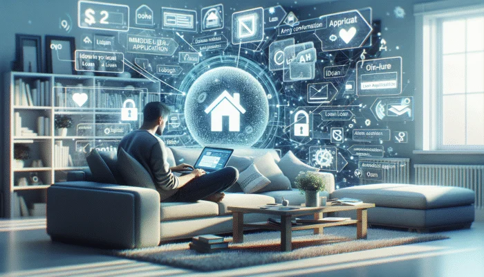 Person at home using laptop to apply for loan, showing instant approval and verification on screen.