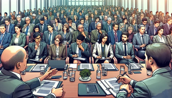 A vibrant financial conference with experts discussing borrower attraction strategies, featuring charts and a diverse panel.