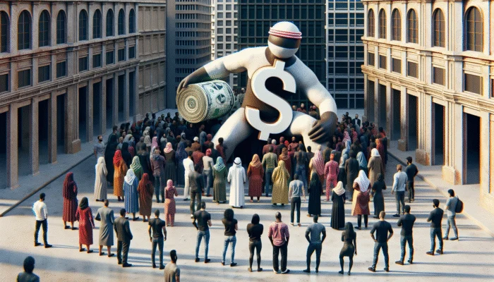 Diverse minority group around a large payday loan sign in an urban setting, symbolizing financial strain.