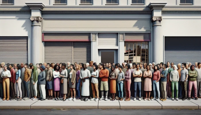 Diverse group at payday loan store in economically challenged neighborhood with closed shops and limited banking.