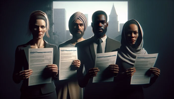 Diverse group concerned with payday loans in urban setting, financial institutions looming.