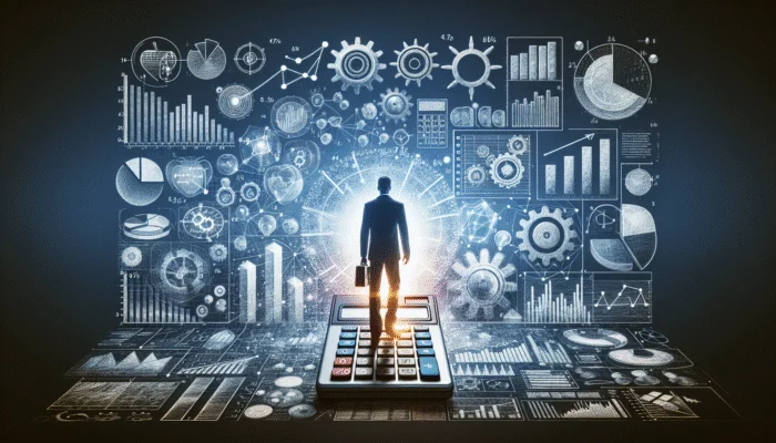 Person using digital calculator to compute payday loan interest, with financial charts in background.