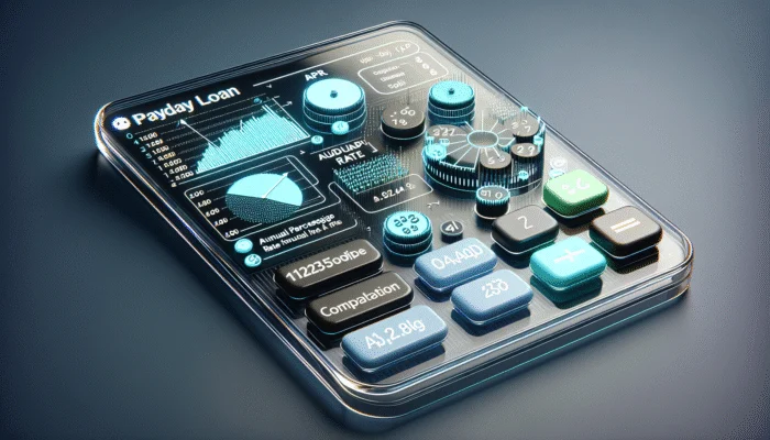A digital calculator showing loan costs like APR and fees, with an easy-to-use interface for comparing payday loan scenarios.