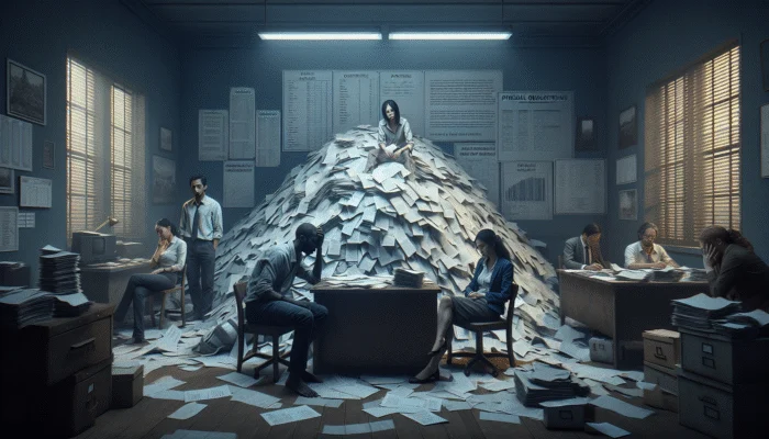 A diverse group of stressed people surrounded by paperwork in a dimly lit room, illustrating borrowing burdens.