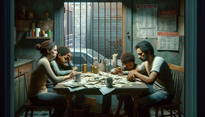 A distressed low-income family discussing finances at a worn kitchen table, surrounded by bills and a broken car, with a closed bank in the background.