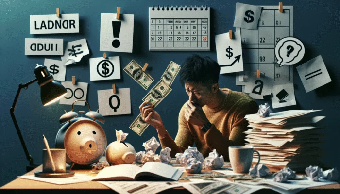 Person counting cash, looking worried at a cluttered desk with overdue bills and urgent calendar dates, illustrating payday loan stress.