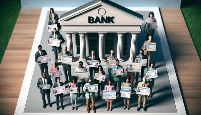 A diverse group of adults over 18 with IDs and paychecks at a bank, illustrating payday loan requirements.