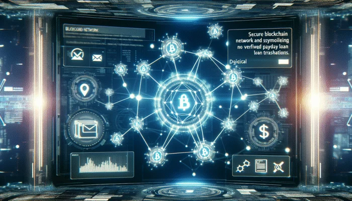 A futuristic digital interface showing a secure blockchain network with glowing nodes and chains, symbolizing verified payday loan transactions in a modern financial hub.