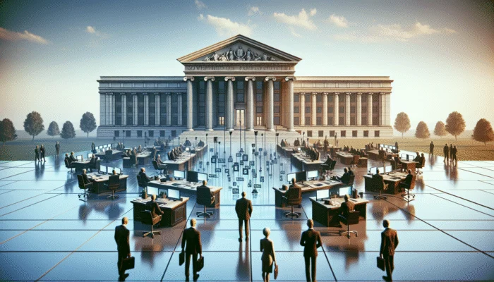 Michigan DIFS office with auditors reviewing documents, compliance data on screen, and concerned lenders.