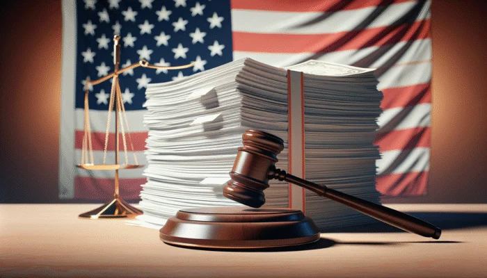 Gavel striking legal documents with Michigan flag, symbolizing payday loan law enforcement.