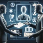 Two faceless business figures in suits exchange documents needed for a payday loan in front of a digital holographic screen displaying financial and identification icons, a bank, currency symbols, and a central portrait icon.