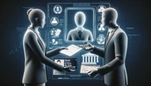 Two faceless business figures in suits exchange documents needed for a payday loan in front of a digital holographic screen displaying financial and identification icons, a bank, currency symbols, and a central portrait icon.
