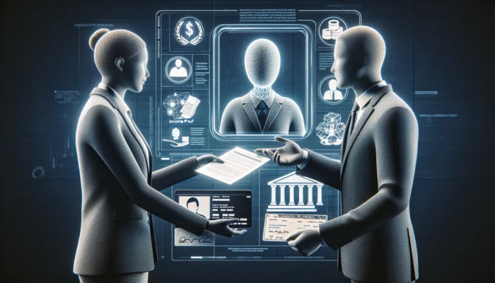 Two faceless business figures in suits exchange documents needed for a payday loan in front of a digital holographic screen displaying financial and identification icons, a bank, currency symbols, and a central portrait icon.