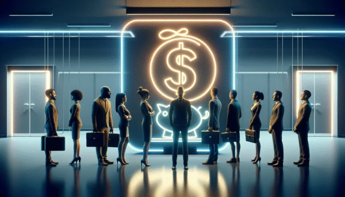 A modern office with a neon "Payday Loans" sign; diverse, hopeful yet anxious people waiting with documents.