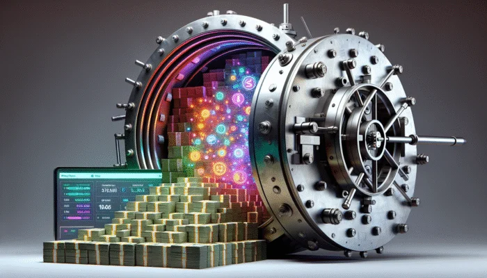 A secure vault door opens to show cash and a digital screen with bank account details.