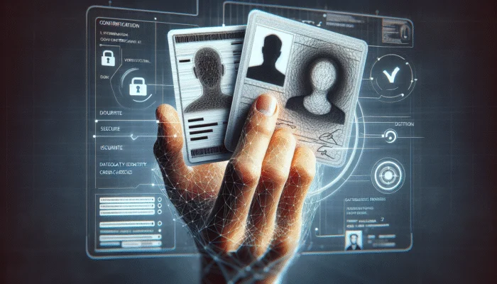 A hand holding a driver's license, passport, and state ID, with a digital screen showing identity verification for a loan application.