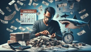 A man counts money at a desk covered with coins and bills. Dollar bills float in the air. A calendar, a clock, a calculator, and a shark appear nearby, highlighting payday loan challenges and urgent consumer pain points.