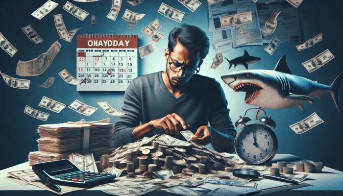 A man counts money at a desk covered with coins and bills. Dollar bills float in the air. A calendar, a clock, a calculator, and a shark appear nearby, highlighting payday loan challenges and urgent consumer pain points.