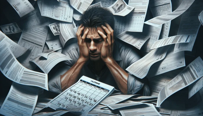 A distressed person amidst bills and a calendar showing a short repayment deadline, illustrating payday loan pressure.