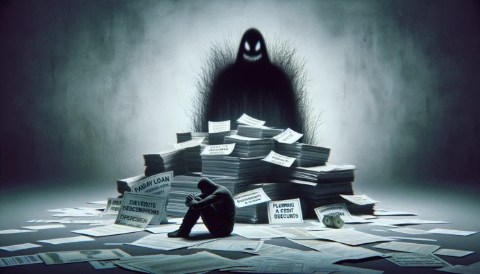 A distressed person amidst financial documents, shadowed by a collection agency, illustrating the severe impact of payday loan defaults on credit scores.