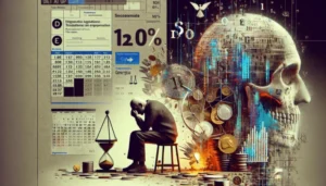 A digital collage shows a person sitting on a stool with their head in their hands, surrounded by financial charts, an hourglass, coins, and a large skull—symbolizing stress from payday loans and regulations in Georgia.