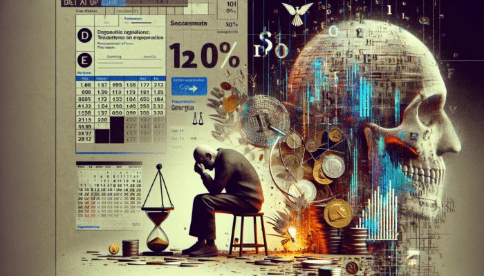 A digital collage shows a person sitting on a stool with their head in their hands, surrounded by financial charts, an hourglass, coins, and a large skull—symbolizing stress from payday loans and regulations in Georgia.