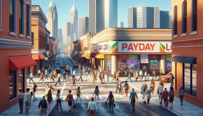 A busy street in Georgia with a Payday Loan store, people coming and going, clear sky.