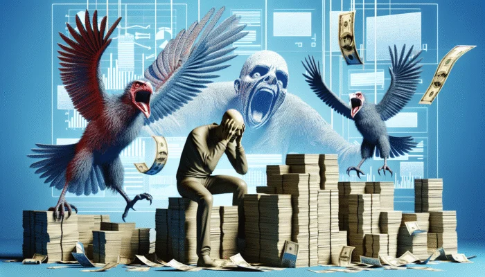 A distressed person overwhelmed by bills and high-interest notices, illustrating payday loan financial strain.